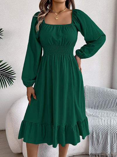 A-Line Elasticated Waist Pleated Ruffled Solid Color Square-Neck Midi Dresses