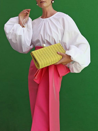 Loose Puff Sleeves Pleated Solid Color Split-Joint Round-Neck Blouses&Shirts Tops