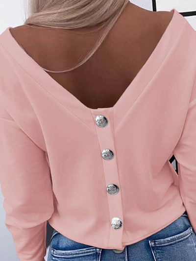 Long Sleeves Loose Buttoned Solid Color Round-Neck T-Shirts Tops