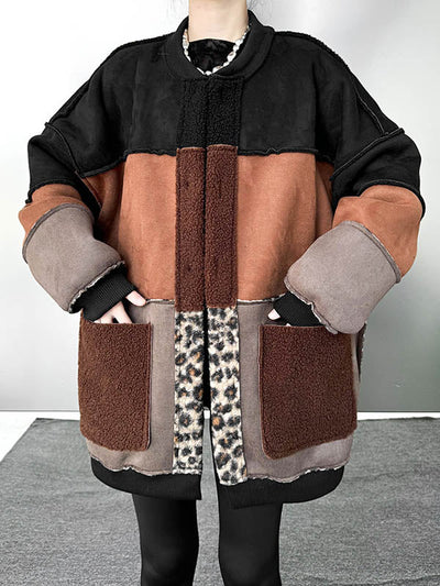 Long Sleeves Loose Buttoned Contrast Color Reversible Split-Joint Round-Neck Cardigan Tops Outerwear