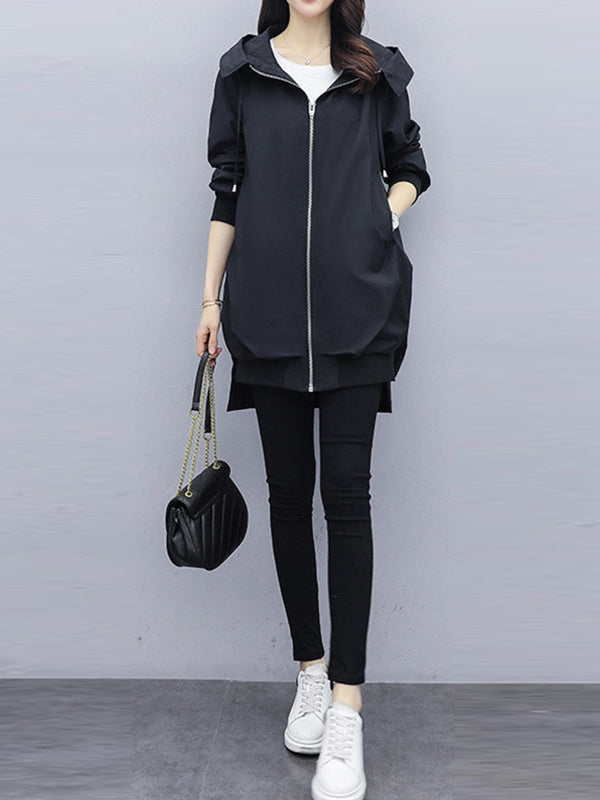 Casual Loose 4 Colors Pleated Zipper Hooded Long Sleeves Outwear