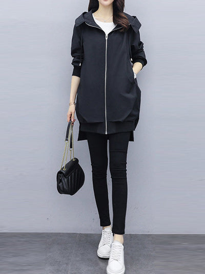 Casual Loose 4 Colors Pleated Zipper Hooded Long Sleeves Outwear