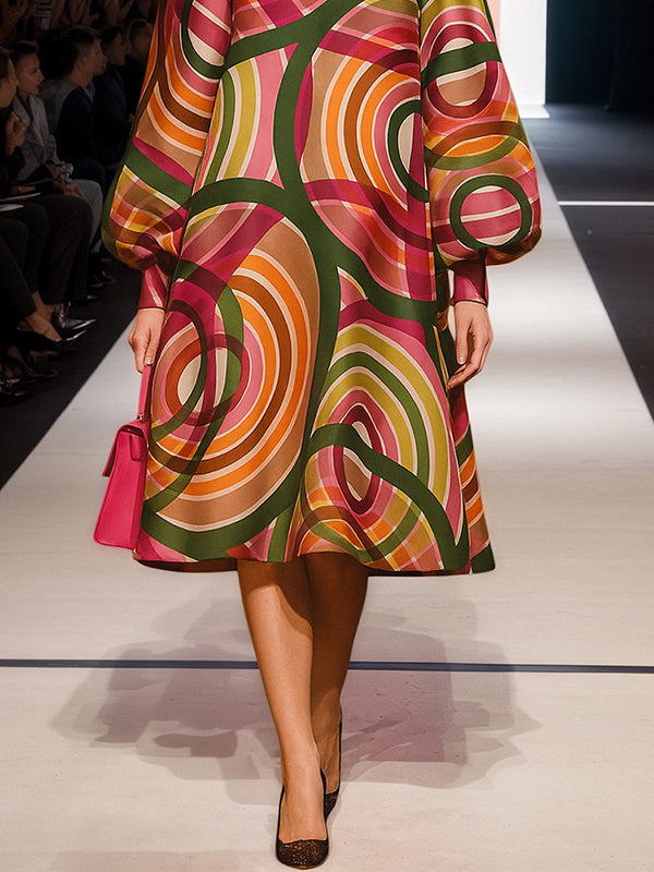 A-Line Long Sleeves Contrast Color High Neck Midi Dresses