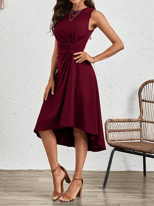A-Line High Waisted Asymmetric Pleated Solid Color Split-Joint Round-Neck Midi Dresses