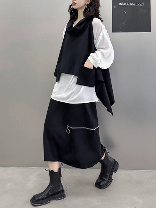 High-Low Irregular Clipping Hooded Solid Color Heaps Collar Vest Top