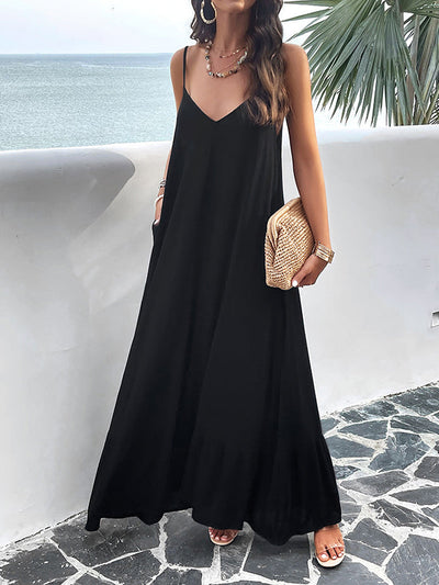 Loose Sleeveless Pleated Solid Color Split-Joint Spaghetti-Neck Maxi Dresses