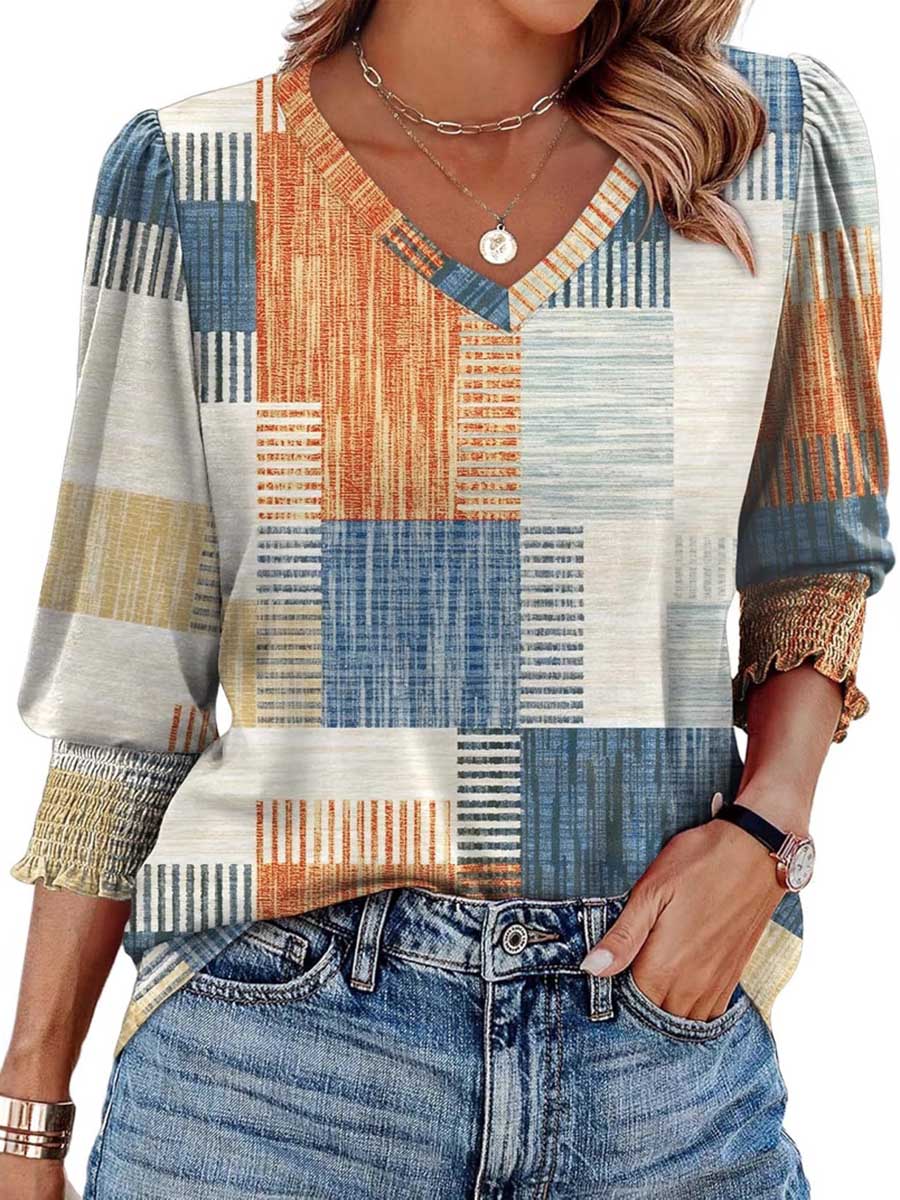 Long Sleeves Loose Contrast Color Pleated Printed Split-Joint V-Neck T-Shirts Tops