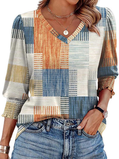 Long Sleeves Loose Contrast Color Pleated Printed Split-Joint V-Neck T-Shirts Tops