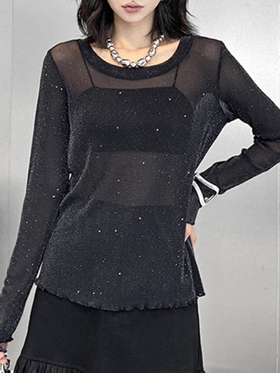 Long Sleeves Loose See-Through Shiny Round-Neck T-Shirts Tops