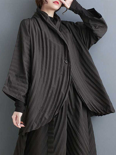 Long Sleeves Loose Buttoned Pleated Solid Color Stand Collar Shirts Top + Pants Bottom Two Pieces Set