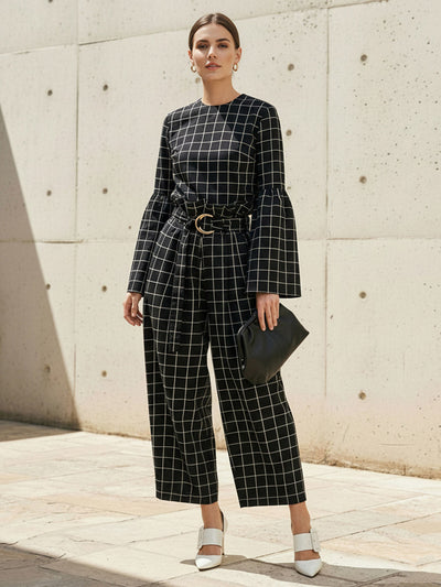 Flared Sleeves Long Sleeves Contrast Color Plaid Split-Joint Round-Neck Blouses&Shirts Tops