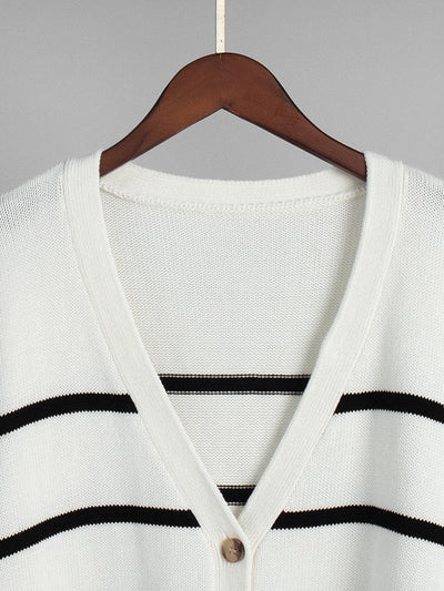 Long Sleeves Loose Split-Joint Striped V-Neck Cardigan Tops