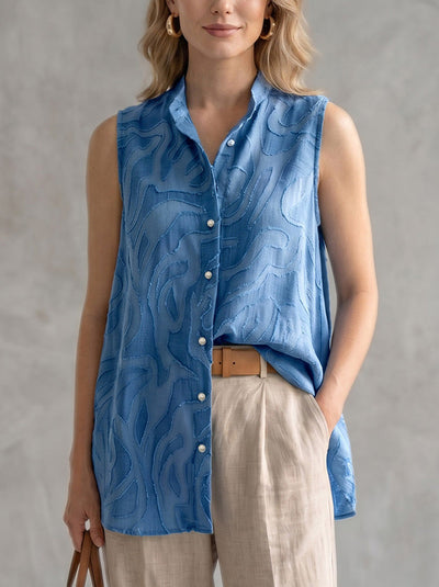 Sleeveless Buttoned Embroidered Solid Color Lapel Blouses&Shirts Tops