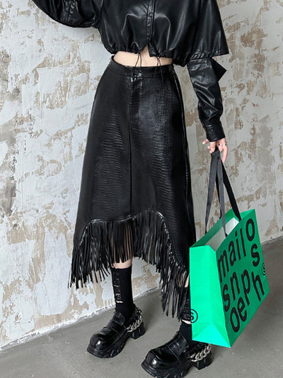 A-Line Irregularity Asymmetric Buttoned Crocodile Texture Solid Color Tasseled Skirts Bottoms