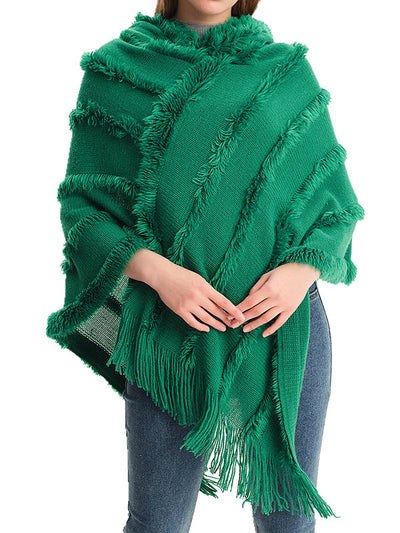 Hooded Keep Warm Solid Color Tasseled Cape Shawl&Cloak