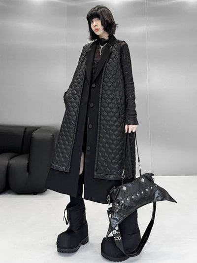 Loose Sleeveless Buttoned Plaid Pockets Solid Color Split-Joint Notched Collar Outerwear Padded Vest