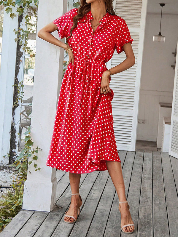 A-Line High Waisted Buttoned Drawstring Polka-Dot V-Neck Midi Dresses