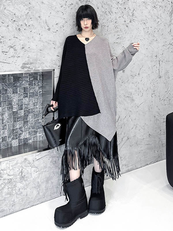 Batwing Sleeves Irregularity Asymmetric Contrast Color Split-Joint Textured V-Neck Sweater Tops