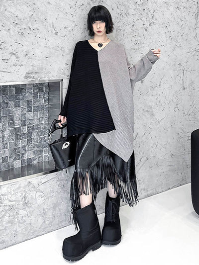 Batwing Sleeves Irregularity Asymmetric Contrast Color Split-Joint Textured V-Neck Sweater Tops