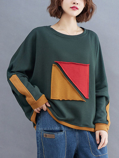 Artistic Retro Loose Triangle Applique Contrast Color Round-Neck Long Raglan Sleeves Sweatshirt