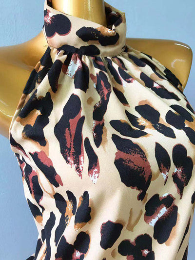 Loose Sleeveless Backless Leopard Pleated Split-Joint Halter-Neck Vest Top