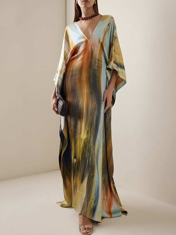 Batwing Sleeves Loose Printed Split-Joint V-Neck Maxi Dresses