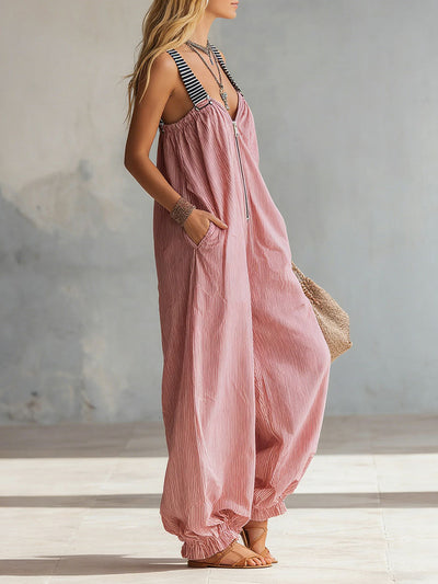 Loose Sleeveless Adjustable Elasticity Pleated Pockets Split-Joint Striped Zipper Deep V-Neck Jumpsuits