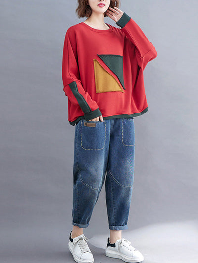 Artistic Retro Loose Triangle Applique Contrast Color Round-Neck Long Raglan Sleeves Sweatshirt