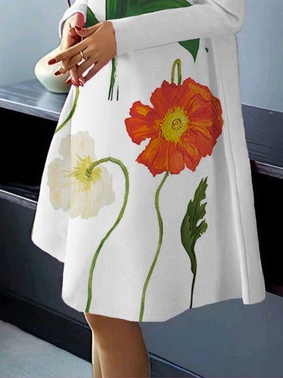 Long Sleeves Loose Flower Print High Neck Midi Dresses