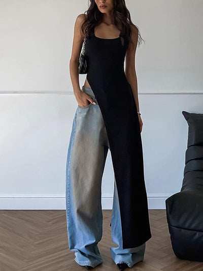 Skinny Sleeveless Asymmetric Solid Color Split-Side Square-Neck Tank Top