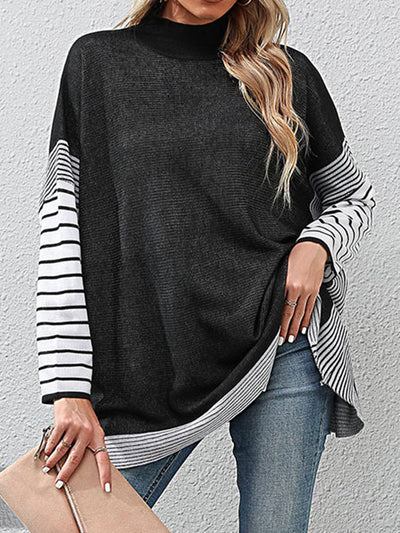 Long Sleeves Loose Contrast Color Striped Mock Neck Pullovers Sweater Tops