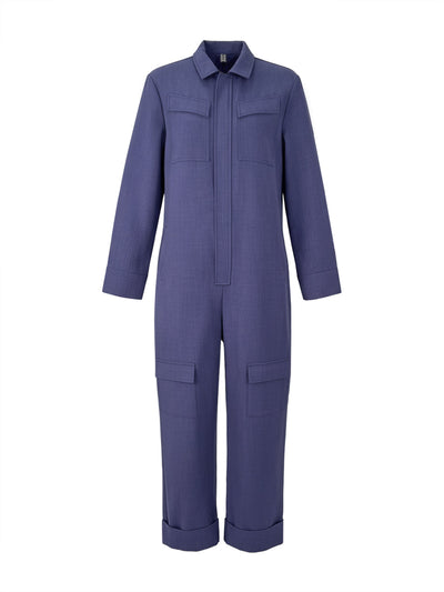 Long Sleeves Loose Solid Color Zipper Lapel Jumpsuits