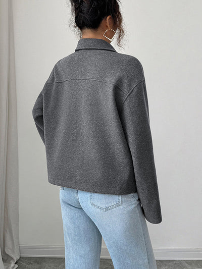 Long Sleeves Loose Solid Color Zipper Lapel Outerwear