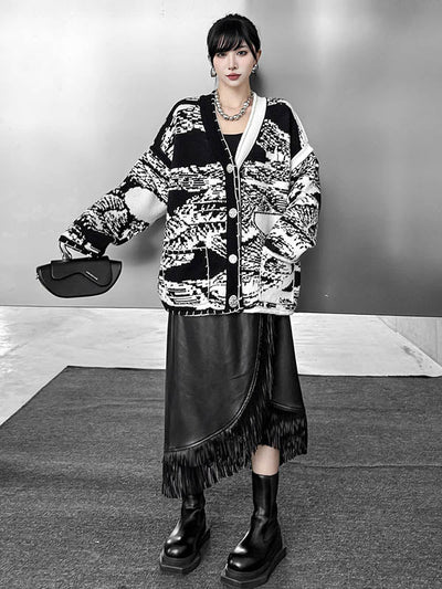 Long Sleeves Loose Abstract Printed Buttoned Contrast Color Pockets Split-Joint Collarless Cardigan Tops Outerwear