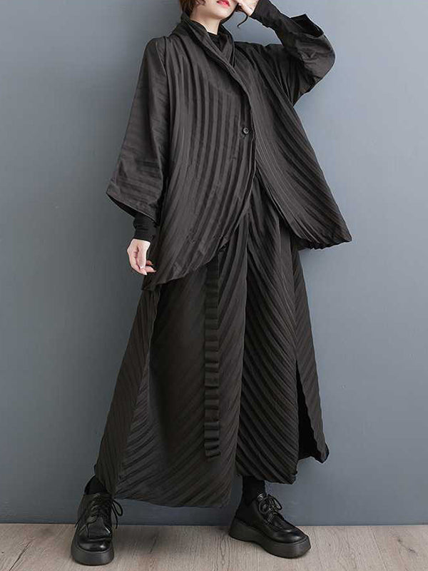 Long Sleeves Loose Buttoned Pleated Solid Color Stand Collar Shirts Top + Pants Bottom Two Pieces Set