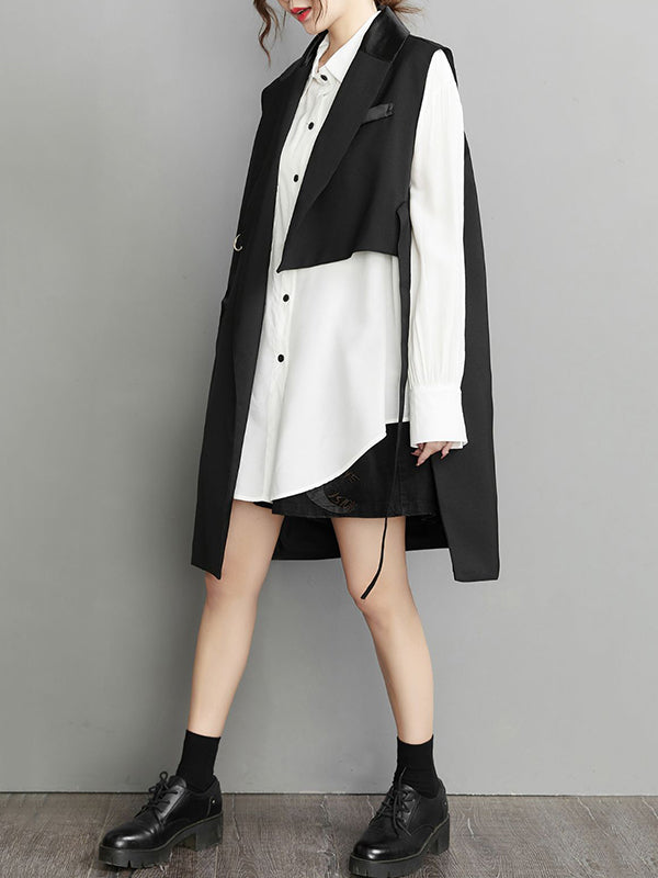Sleeveless Asymmetric Pockets Tied Notched Collar Vest Outerwear