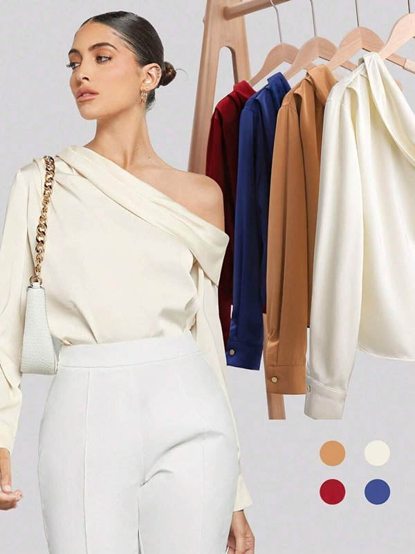 Long Sleeves Skinny Pleated Solid Color Split-Joint One-Shoulder Blouses&Shirts Tops