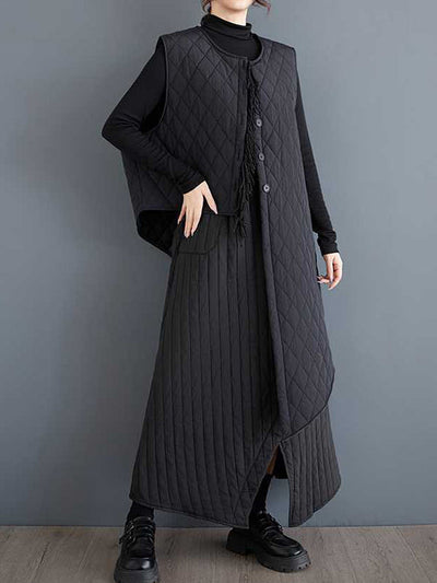 Loose Sleeveless Asymmetric Buttoned Quilted Solid Color Round-Neck Padded Vest