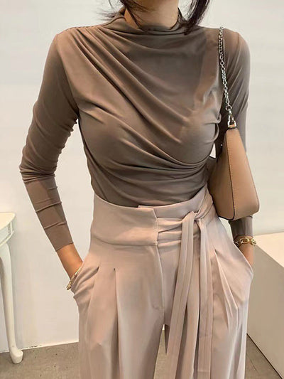Long Sleeves Skinny Pleated Solid Color Mock Neck T-Shirts Tops