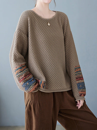 Long Sleeves Loose Printed Split-Joint Round-Neck Pullovers Sweater Tops
