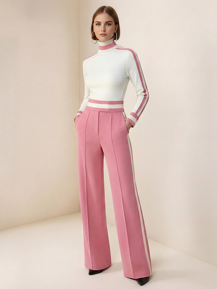 Loose Wide Leg Contrast Color Pockets Split-Joint Striped Pants