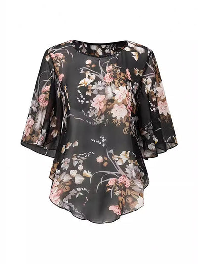 Batwing Sleeves Half Sleeves Flower Print See-Through Round-Neck Blouses&Shirts Tops Cover-Ups Tops