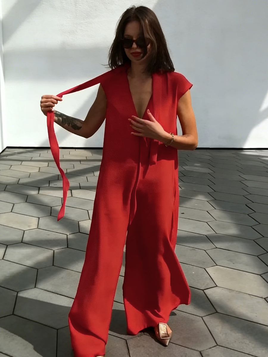 Loose Wide Leg Pockets Solid Color Streamer Deep V-Neck Jumpsuits
