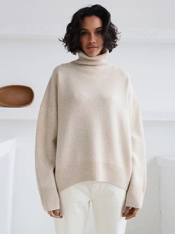 Casual Long Sleeves Loose Solid Color High-Neck Sweater Tops