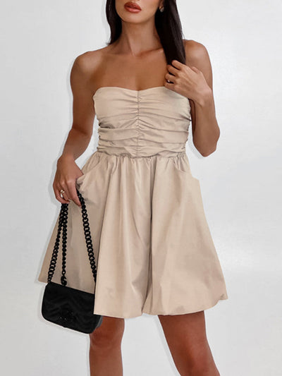 A-Line High Waisted Elasticity Pleated Pockets Solid Color Tube Mini Dresses