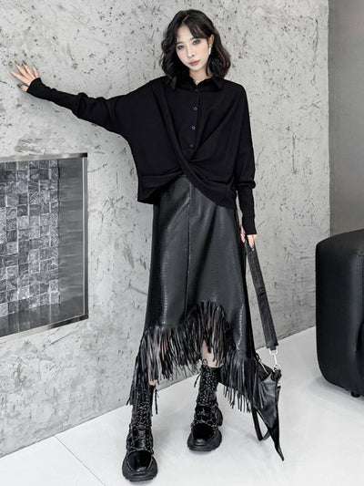 Hipster Irregularity Buttoned Solid Color Twist Lapel Collar Blouses&Shirts Tops