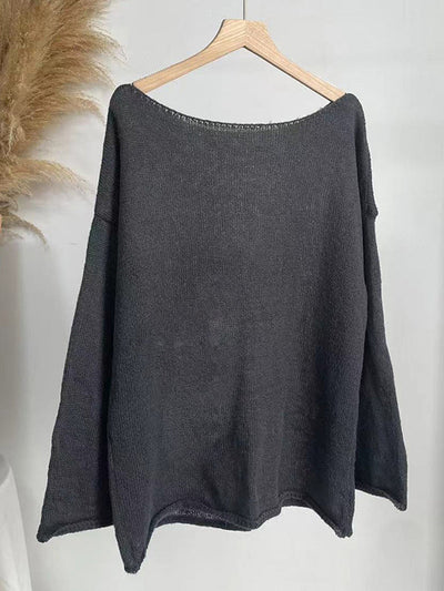 Long Sleeves Loose See-Through Solid Color Split-Joint Round-Neck Sweater Tops