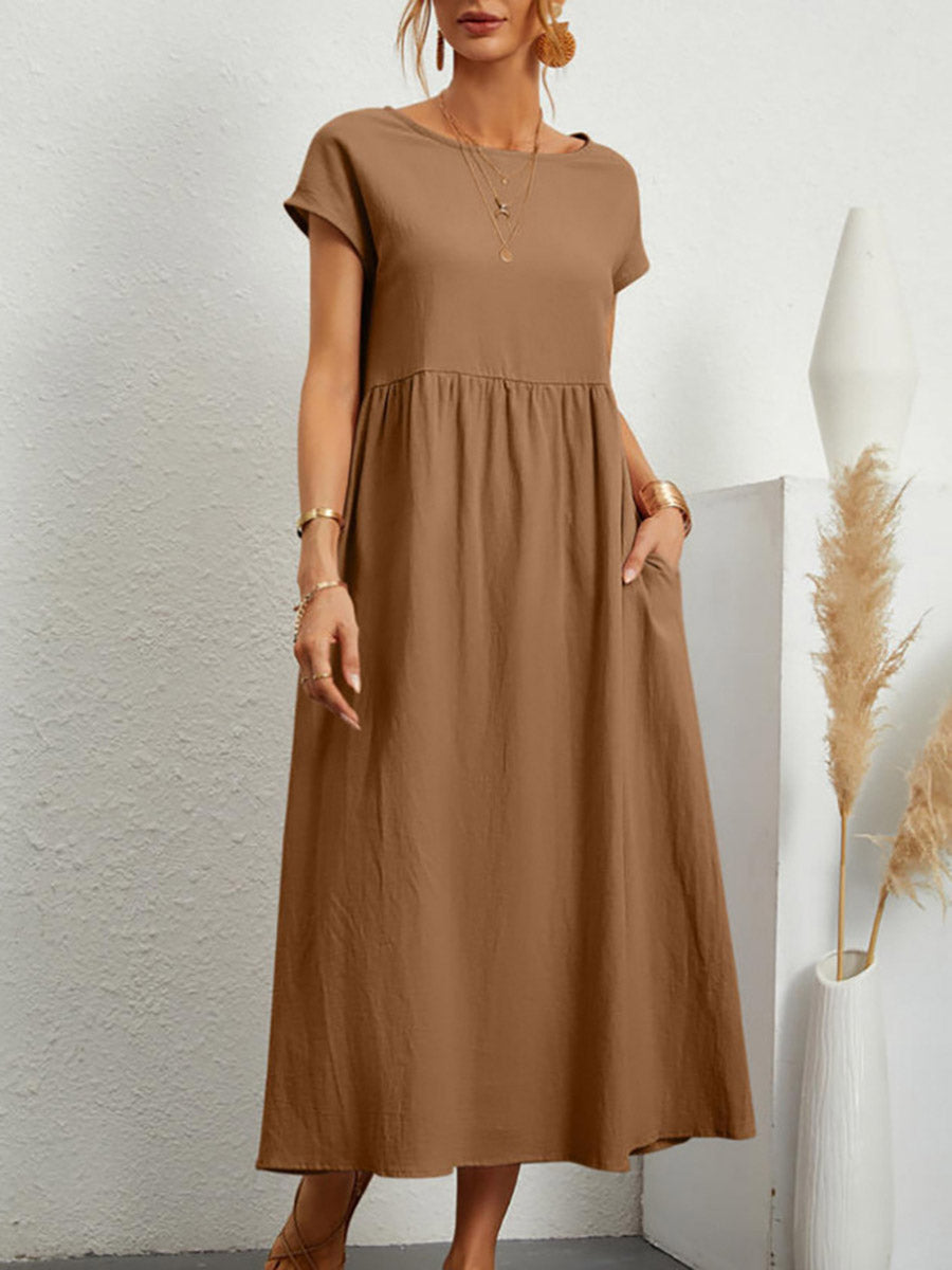 A-Line Plus Size Pleated Pockets Solid Color Round-Neck Midi Dresses