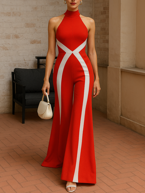High Waisted Skinny Contrast Color Halter-Neck Jumpsuits