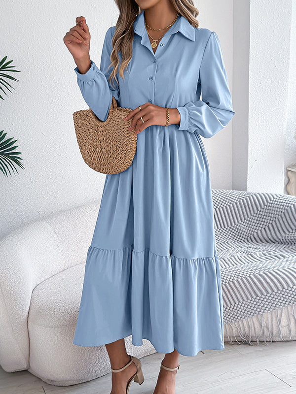 High Waisted Long Sleeves Pleated Ruffled Solid Color Lapel Midi Dresses Shirt Dress